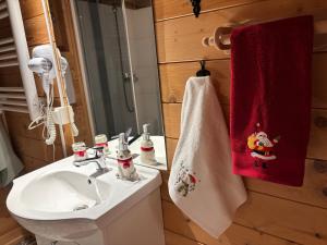 a bathroom with a sink and a red towel at W Malinowym Chruśniaku in Nowa Słupia +71 photos
