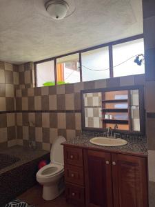 a bathroom with a toilet and a sink and a mirror at Bungalós brunos in Panajachel