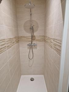 a shower with a shower head in a bathroom at L'Instant Bourguignon in Montceau-les-Mines