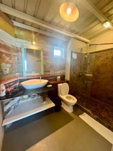 a bathroom with a sink and a toilet and a shower at La Belle Rodriguaise in Rodrigues Island +90 photos