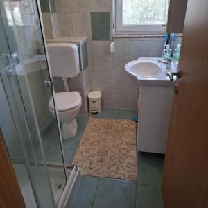 a bathroom with a toilet and a sink and a shower at Apartments Oliva - Maslina in Bilice +20 photos