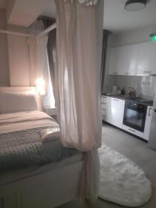 a bedroom with a bed with a curtain over it at Edem in Larisa