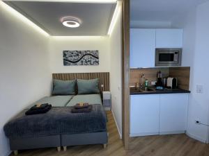 a small bedroom with a bed and a kitchen at BEST VIEW Winterberg - Kleines Studio Apartment in Winterberg