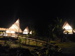 a couple of houses lit up at night at Top Manu Avatar Lodge in Pillcopata
