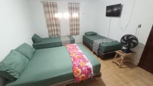 ein Schlafzimmer mit zwei grünen Betten und einem Fernseher in der Unterkunft Agro Villa in Areia