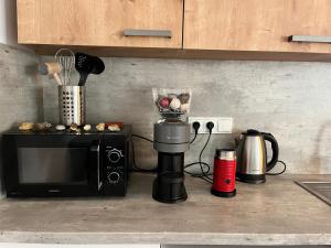 a kitchen counter with a coffee maker and a microwave at Apartmán Buky in Mladé Buky