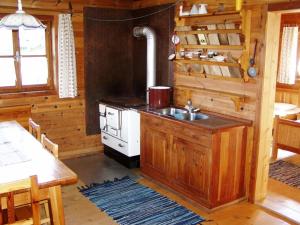 a kitchen with a sink and a stove in a cabin at Fröschlhütte in Oberpirkach