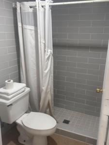 a bathroom with a white toilet and a shower at Star Motel in Tampa