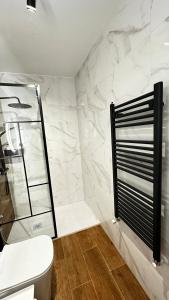 a bathroom with a toilet and a glass shower at R&R Suite Heritage in León +29 photos