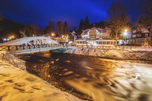 a bridge over a river in a town at night at Holiday home Strazne - Riesengebirge 2326 in Strážné