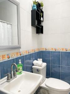 a bathroom with a sink and a toilet and a mirror at Casa Coralina in San Carlos