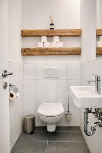 a white bathroom with a toilet and a sink at Die Malerei Penthouse by Da Alois in Gröbming +19 photos