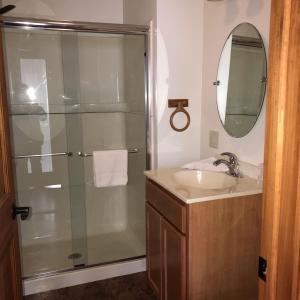 a bathroom with a shower and a sink at Trout Town Inn in Roscoe