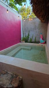 a swimming pool in a backyard with a pink wall at Cabaña 2 Los Gallitos Ecolodge in Sacalum
