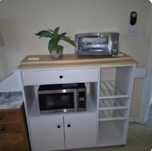 a table with a microwave and a plant on it at NO DAY OF BOOKING 24 HOURS NOTICE One private Master Efficency Suite Room with Bathroom for one person or couple with a pool breakfast included message here or email Floridastylz74 g mail com in Davenport