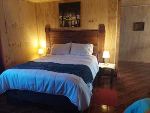 a bedroom with a large bed with a wooden wall at Hostal Verde Vida in Futrono