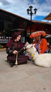 two women are sitting on the ground with a sheep at Union Hotel Cusco in Cusco