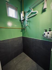 a bathroom with green and black walls and a window at Padi Box Homestay in Sekinchan