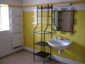 a bathroom with a sink and a shelf next to a mirror at L'étable aux deux noix in Arc-en-Barrois +20 photos