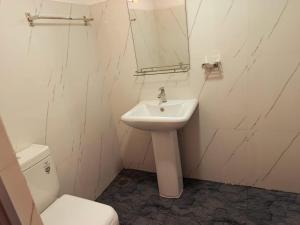 a white bathroom with a sink and a toilet at Mountain Bliss Villa Peradeniya in Peradeniya