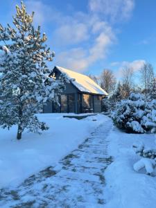 a house in the snow with a snow covered driveway at Saunahouse in Ilmasoo