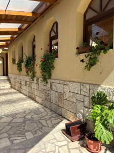 a building with potted plants on the side of it at Family Hotel Chris in Sveti Vlas