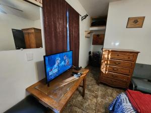 a living room with a television on a wooden table at Vizcaino Departamento con cocina in Ensenada