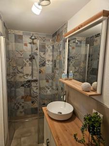 a bathroom with a sink and a shower at Fewo Kirch Jesar in Kirch Jesar