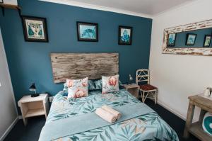a bedroom with blue walls and a bed with pink pillows at Hermanus Backpackers & Budget Accommodation in Hermanus +23 photos