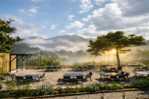 a group of tables and a tree in a field at Proud Phu Fah Maerim Resort in Mae Rim