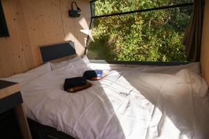 a bedroom with a white bed with a large window at Green&Tiny Spot Wolfenbüttel Okeraue - Sleep Space 1 in Wolfenbüttel +45 photos