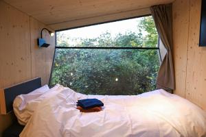 a bag sitting on a bed in a room with a window at Green&Tiny Spot Wolfenbüttel Okeraue - Sleep Space 2 in Wolfenbüttel +44 photos