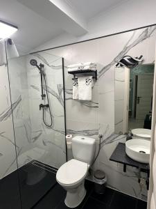 a bathroom with a toilet and a shower and a sink at Stelele Oltului in Călimăneşti