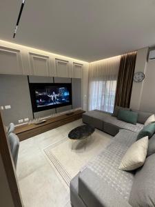 a living room with a couch and a flat screen tv at Ambla holidays in Golem