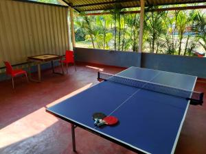 a blue ping pong table in a room at THE DOCkSIDE INN in Madikeri +18 photos