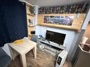 a small living room with a tv and a table at Tiny House Black Pearl in Tettnang