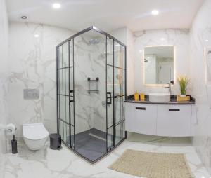 a bathroom with a glass shower and a toilet at Palmera - Spacious Studio with Pool View in Vasilia