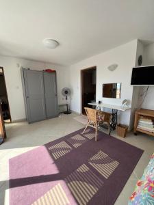 a living room with a purple rug and a piano at Villa Tunley in Razvalini Balchikioy