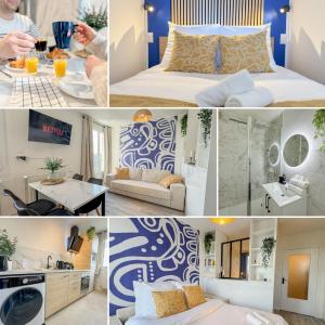 a collage of photos of a hotel room at Studio M in Mondeville