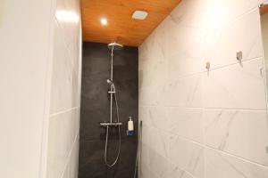 a shower in a bathroom with a tile wall at Appartement contemporain Les Tulipes, 2 personnes à 300 m du lac de Gérardmer in Gérardmer +8 photos