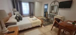 a bedroom with a bed and a desk and a mirror at Green Haven Guest Lodge in Pretoria