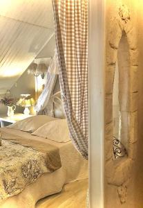 a bedroom with a canopy bed with a curtain at La Porte Bleue le grenier des Anges in Saint-Pierre