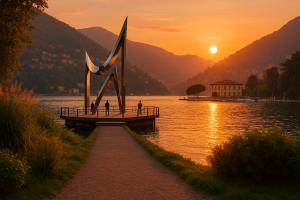 a sunset on a lake with people standing on a dock at Baita Brunate Cao in Brunate