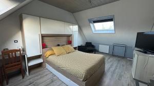 a bedroom with a bed and a television in it at Entre terre et mer in Combrit +33 photos