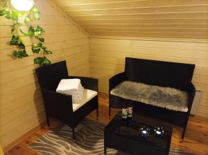 a living room with two chairs and a table at Villa Metsänvartija in Vihtijärvi +8 photos