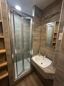 ein Badezimmer mit Dusche und Waschbecken in der Unterkunft Willkommen24 in Pfullingen