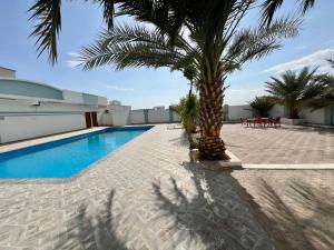 a palm tree sitting next to a swimming pool at Ras Al Hadd Guest House in Al Ḩadd