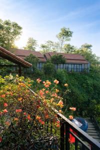 a garden with flowers and a house in the background at Cúc Phương Mebi Hotel in Phủ Nho Quan +32 photos