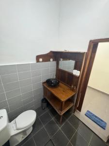 a bathroom with a toilet and a sink and a mirror at Blue EmOcean Dive Eco lodge in Moyo Island