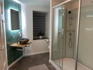 a bathroom with a glass shower and a sink at Ferienhaus Alex - Wohnung im DG in Malliß